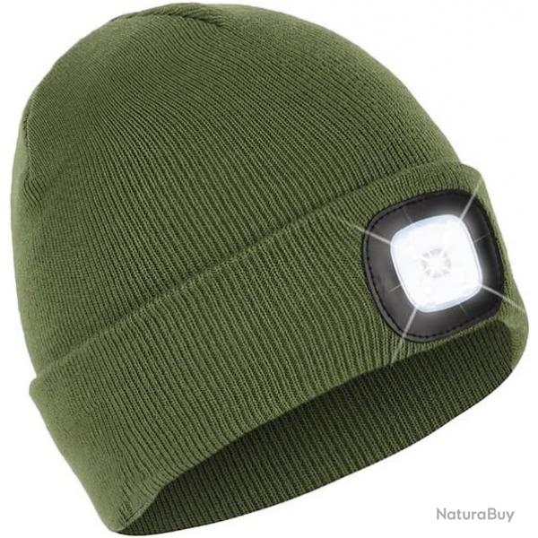 BONNET CHAUD AVEC LAMPE FRONTALE RECHARGEABLE - VERT ARME- LIVRAISON GRATUITE