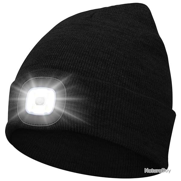 BONNET CHAUD + LAMPE FRONTALE USB - NOIR - LIVRAISON GRATUITE