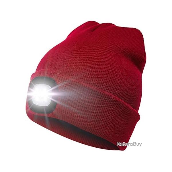BONNET CHAUD + LAMPE FRONTALE USB - ROUGE - LIVRAISON GRATUITE