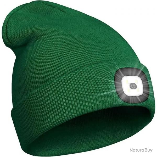 BONNET CHAUD + LAMPE FRONTALE USB - VERT FONC - LIVRAISON GRATUITE