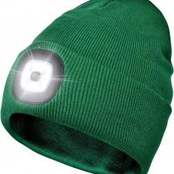 BONNET CHAUD + LAMPE FRONTALE USB - VERT FONCÉ - LIVRAISON GRATUITE