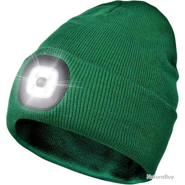 BONNET CHAUD + LAMPE FRONTALE USB - VERT FONC - LIVRAISON GRATUITE