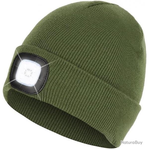 BONNET CHAUD + LAMPE FRONTALE USB - VERT ARME- LIVRAISON GRATUITE