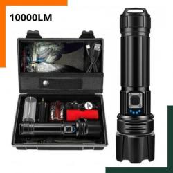 Lampe torche LED 10000LM - Ultra puissante - Batterie rechargeable - Etanche 5 modes - IP67 - Noir