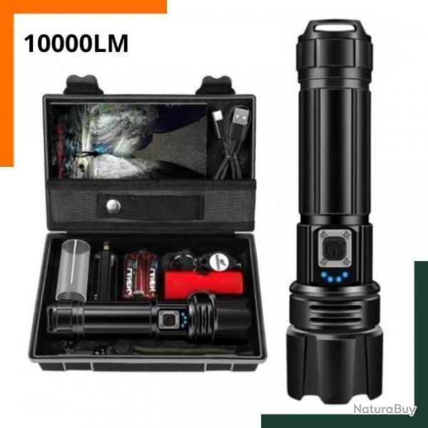 Lampe torche LED 10000LM - Ultra puissante - Batterie rechargeable - Etanche 5 modes - IP67 - Noir