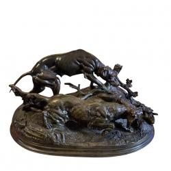 bronze chien a l'affut d'un lièvre signé Jules Moigniez 1835/1890