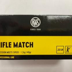 RWS RIFLE MATCH CAL 22LR BTE DE 50 BALLES 2.6G/40GR PAR 5 BOITES FRAIS DE PORT OFFERT