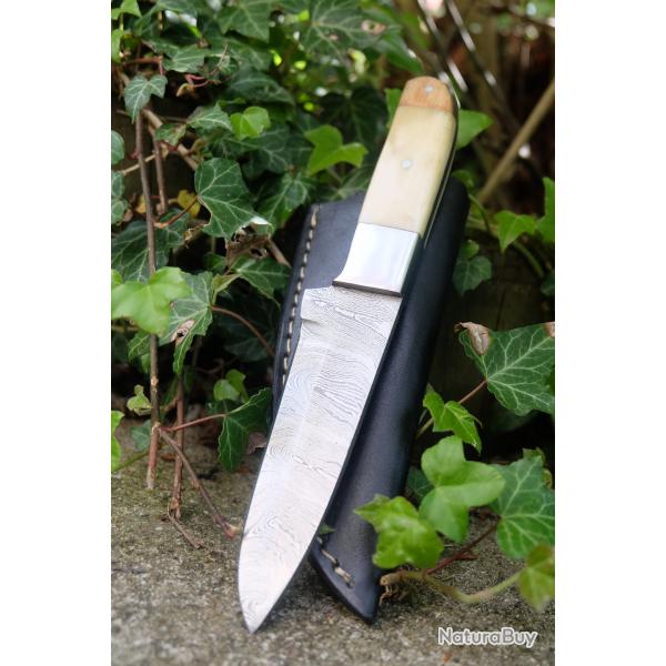 Skinner Couteau de Chasse Damas Lame 256 Couches Manche Bois/Os Fabr Artisanale Etui Simili Cuir 001