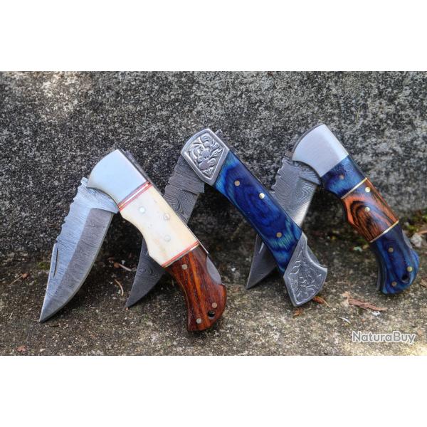 Lot de 3 Couteau Lame Damas 128 Couches Style Buck 112 Manche Bois & Os Lockback Fab Artisanale