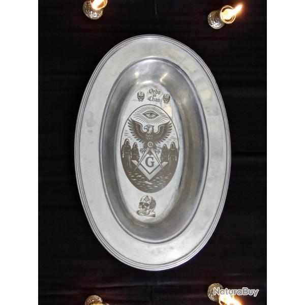 plat plateau autel en inox temple sceau maconnique --- franc-maconnerie gravure tete de mort