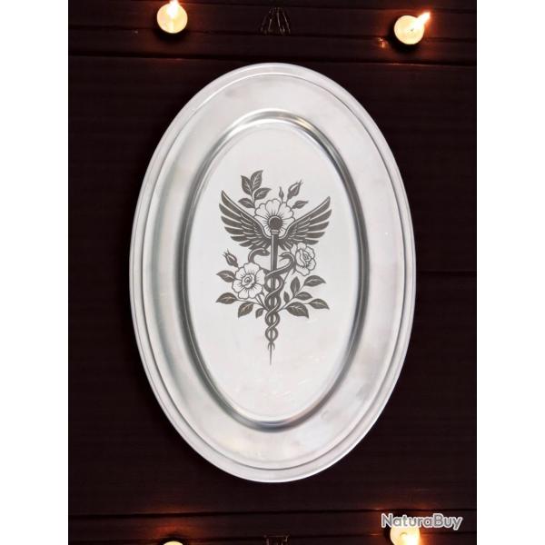 plat plateau en inox Guy Degrenne grav Caduce - mdecine pharmacie mdical