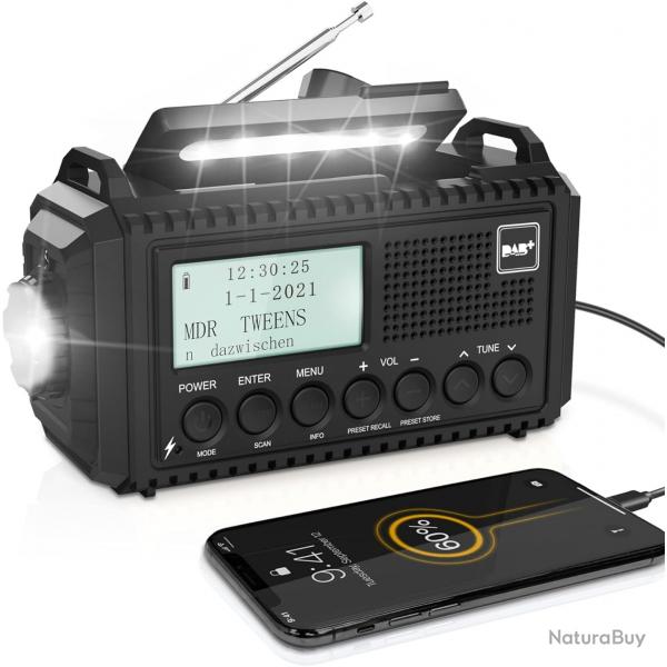 Radio Solaire Numrique Portable cran LCD Batterie 5000mAh Manivelle Port USB SOS Lampe de Poche