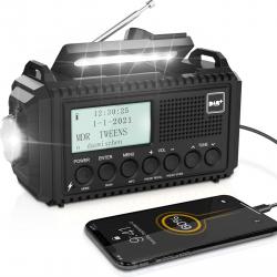 Radio Solaire Numérique Portable Écran LCD Batterie 5000mAh Manivelle Port USB Lampe de Poche SOS
