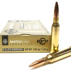 Munition 6.5x55 Suédois Match HP BT 120 GR 7.8g Partizan/PPU Matchline (20)
