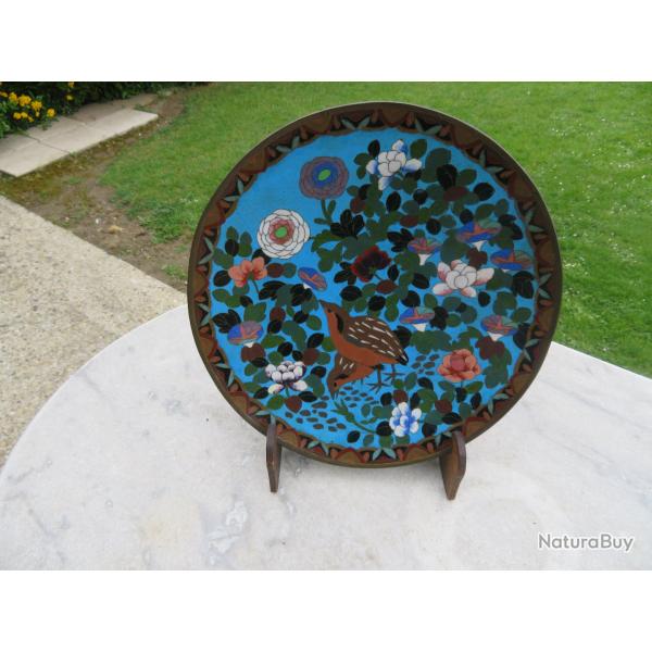 Ancien grand plat circulaire en maux cloisonns polychromes a dcor de volatiles - JAPON (Vers 1900