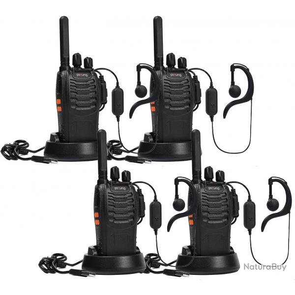 Talkie Walkie 4pcs 16 Canaux PMR446 Sans Licence Chargeur USB Casque Lampe de Poche LED