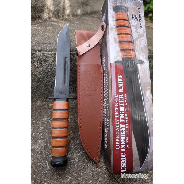 Couteau Marines USMC Combat Fighting Lame Acier 420 Manche Cuir Etui Cuir