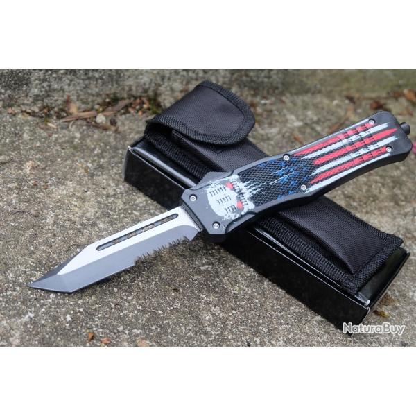 Couteau Automatique OTF Out the Front Punisher Lame Tanto Acier Carbone Manche Abs Black Clip Etui