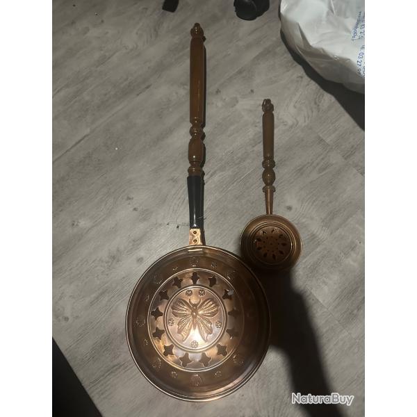 Lot de 2 chauffe-lits anciens en cuivre - Villedieu - Dcoration vintage