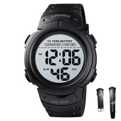 Montre Homme Sport Digitale 100M Étanche Chrono Alarme 2 Temps LED Batterie 10 ans Résistante Noir