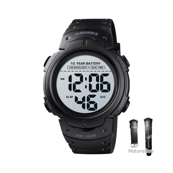 Montre Homme Sport Digitale 100M tanche Chrono Alarme 2 Temps LED Batterie 10 ans Rsistante Noir