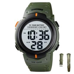 Montre Homme Sport Digitale 100M Étanche Chrono Alarme 2 Temps LED Batterie 10 ans Résistante Vert