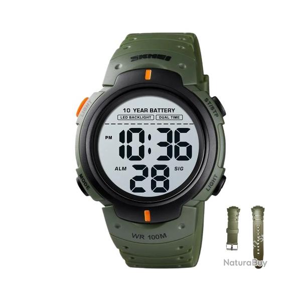 Montre Homme Sport Digitale 100M tanche Chrono Alarme 2 Temps LED Batterie 10 ans Rsistante Vert
