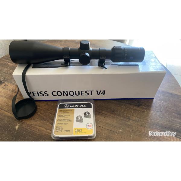 Lunette zeiss conquest V4 3-12x56 rticule lumineux + cache + collier leupold