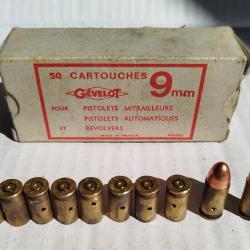 Boite + munitions neutralisées 9 mm anciennes, armée française, collection.