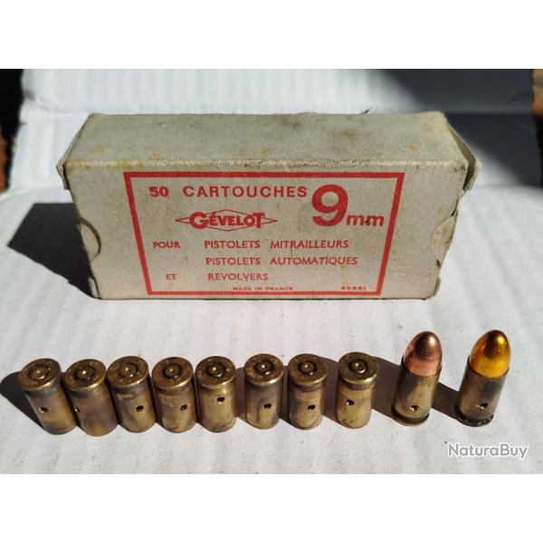 Boite + munitions neutralises 9 mm anciennes, arme franaise, collection.