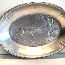 PLAT ALU CORBEILLE A PAIN VINTAGE 50's SCENE DE CHASSE / CHIEN POINTER