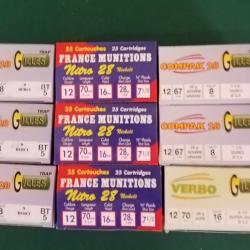 Lot de 225 cartouches cal 12 28 gr : 7 1/2 Nick BJ , 7 1/2 super durçi BJ et  9 et 7 1/2 durçi BG