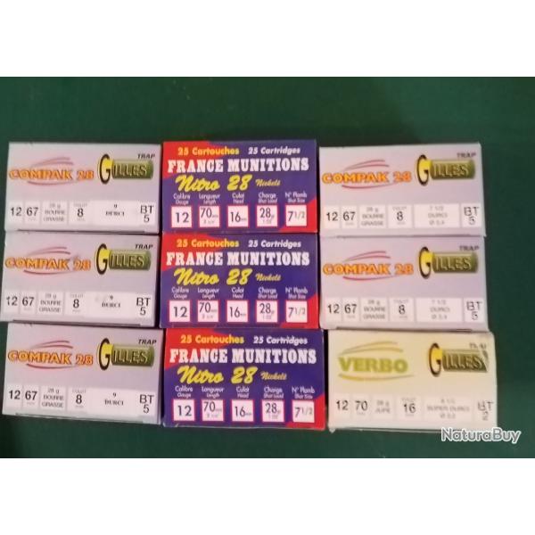 Lot de 225 cartouches cal 12 28 gr : 7 1/2 Nick BJ , 7 1/2 super duri BJ et  9 et 7 1/2 duri BG
