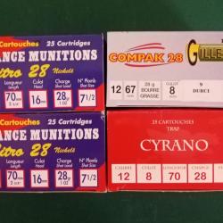 Lot 100  cartouches cal 12 28 gr : 7 1/2 Nick , 7 1/2  bourre jupe , 9  durci bourre grasse