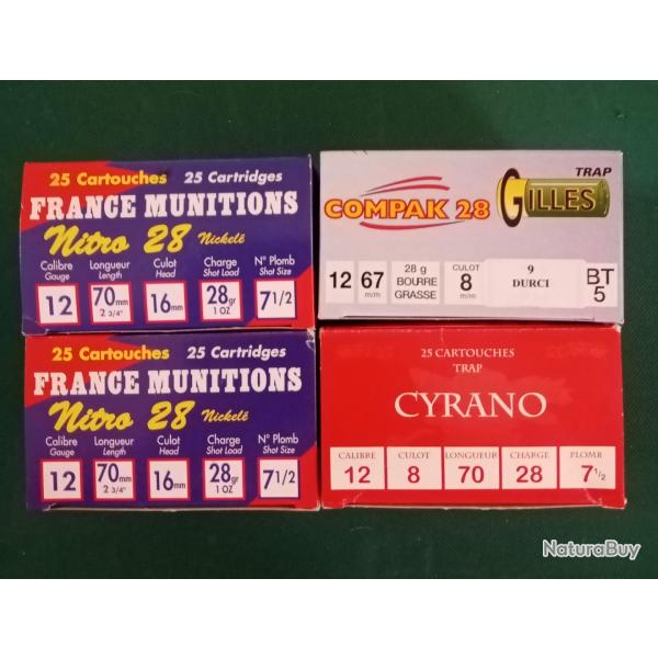 Lot 100  cartouches cal 12 28 gr : 7 1/2 Nick , 7 1/2  bourre jupe , 9  durci bourre grasse