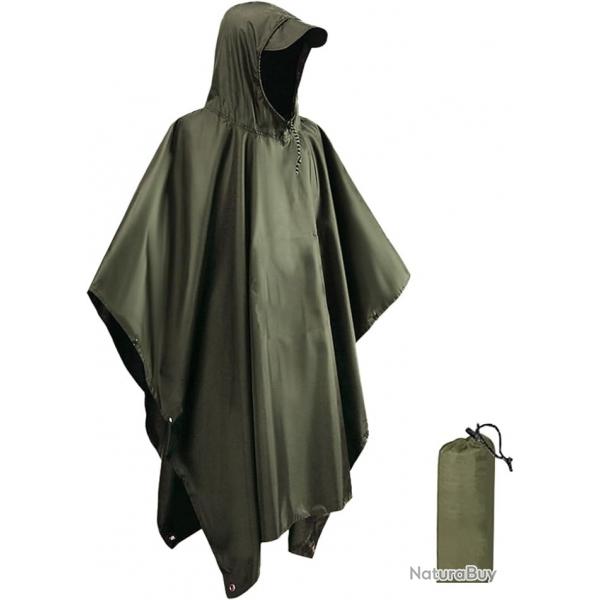 Poncho Pluie 3-en-1 Impermable Unisexe Tapis Camping Pare-Soleil Chasse Lger et Compact Vert