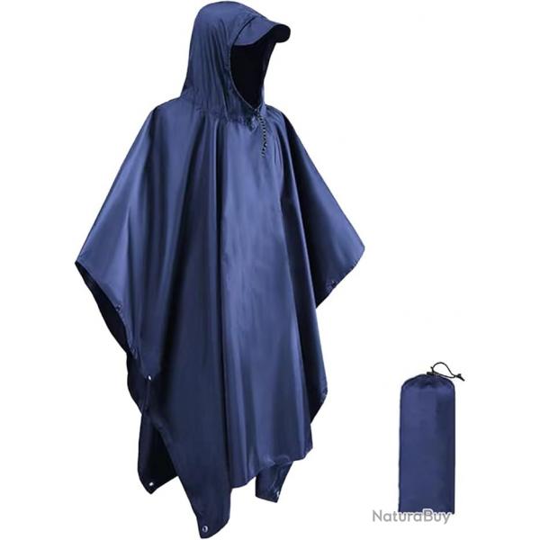 Poncho Pluie 3-en-1 Impermable Unisexe Tapis Camping Pare-Soleil Chasse Lger et Compact Bleu