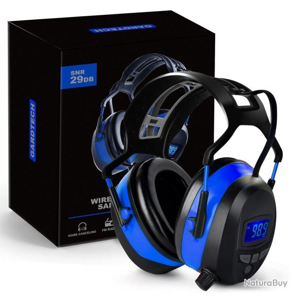 Casque Anti-Bruit 4-en-1 Bluetooth/MP3/Radio NRR 29dB Protection Auditive Tir Tonte Chantier Bleu