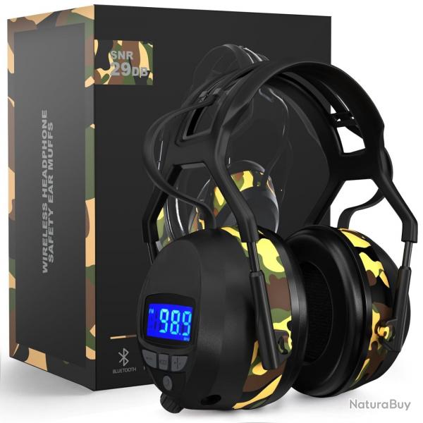 Casque Anti-Bruit 4-en-1 Bluetooth/MP3/Radio NRR 29dB Protection Auditive Tir Tonte Chantier Camo