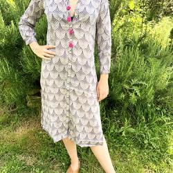 Robe Chemise femme col mao boutons en nacre et pompons S-M (small medium) vert olive