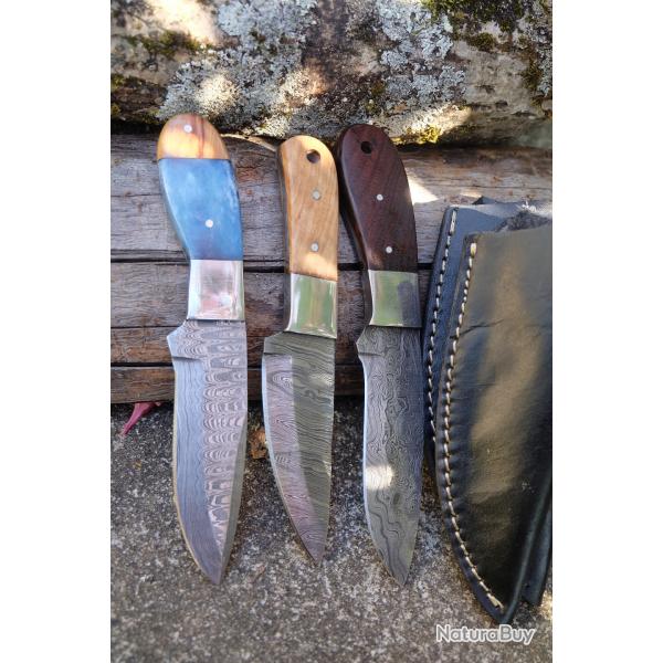 LOT DE 3 Couteau Skinner Damas Lame Acier 256 Couches Manche Bois Etui Simili Cuir Fab Artisan 01
