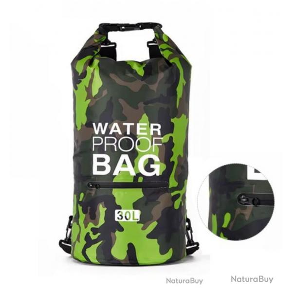 SAC  DOS TANCHE 30L + POCHE EXTERNE ZIP - DRY BAG - VERT - LIVRAISON GRATUITE