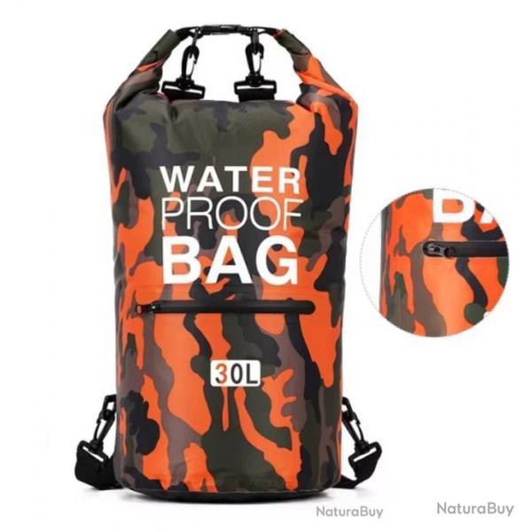 SAC  DOS TANCHE 30L + POCHE EXTERNE ZIP - DRY BAG - ORANGE - LIVRAISON GRATUITE