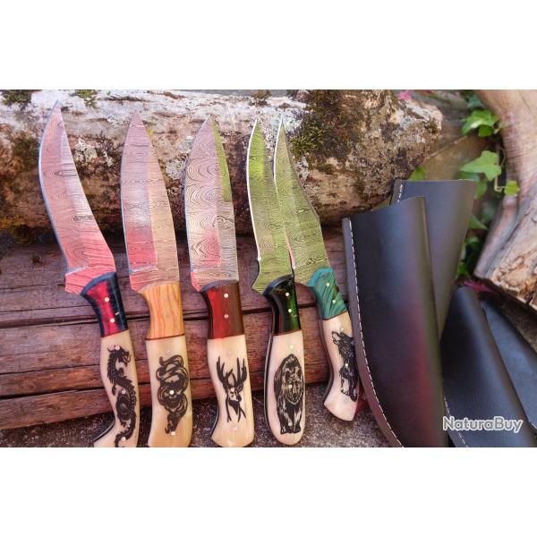 Lot de 5 Couteau de Chasse Damas Lame 256 Couches Manche OS Scrimshaw Gravures Fabr Artisanale Etui