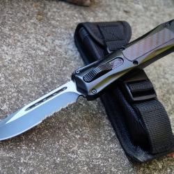 Couteau Automatique OTF Out the Front Lame Drop Point Serrat Acier 440 Manche Alu/FCarbone Clip Etui