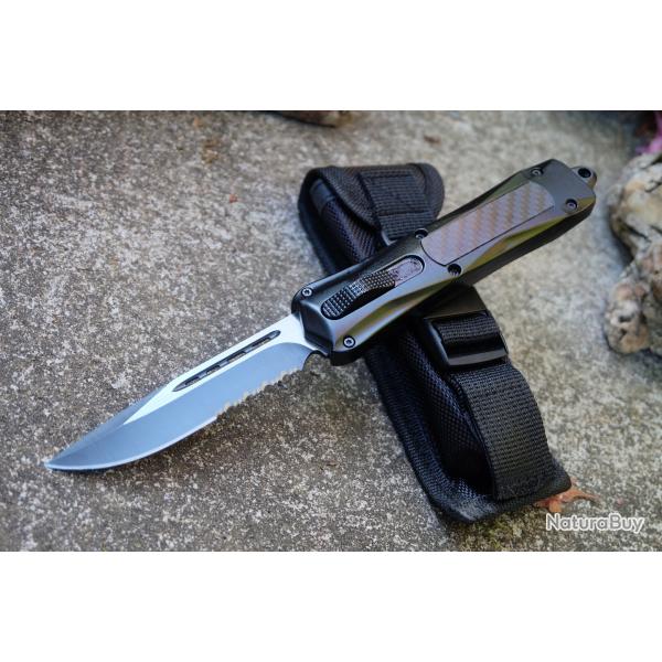 Couteau Automatique OTF Out the Front Lame Drop Point Serrat Acier 440 Manche Alu/FCarbone Clip Etui
