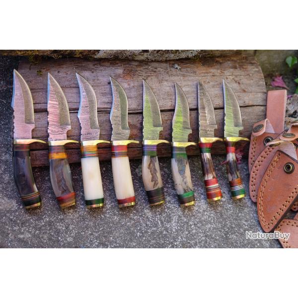 LOT DE 8 Couteau Skinner Damas Lame 256 Couches Manche OS/Corne/Bois Cerf F Artisanale Etui Cuir
