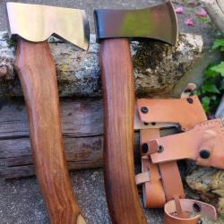 Lot de 2 Hache Survie Bushcraft Lame Acier Carbone 1055 Manche Bois Etui Cuir