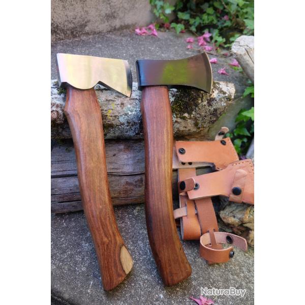 Lot de 2 Hache Survie Bushcraft Lame Acier Carbone 1055 Manche Bois Etui Cuir