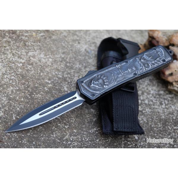 Couteau Automatique OTF Out the Front Lame Dague Acier 440C Manche La Faucheuse Clip Etui Nylon